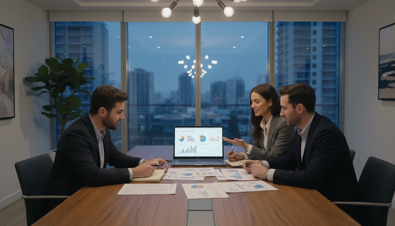 Équipe financière analysant des rapports Odoo Comptabilité lors d'une session de formation collaborative