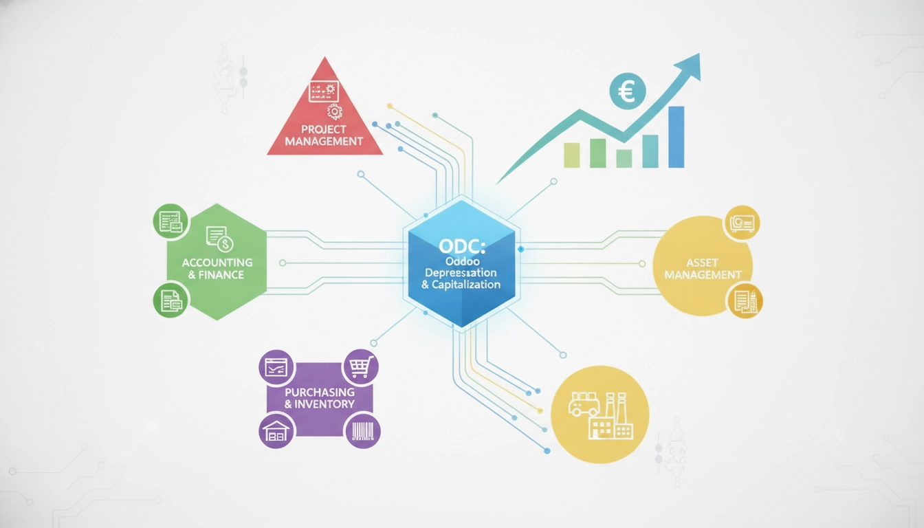 Tableau de bord financier montrant l'intégration amortissements odoo autres modules sur un écran d'ordinateur.