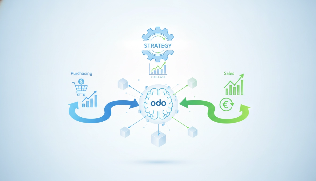 Tableau de bord Odoo affichant l'intégration des prévisions financières Odoo avec les modules achats et ventes pour une PME