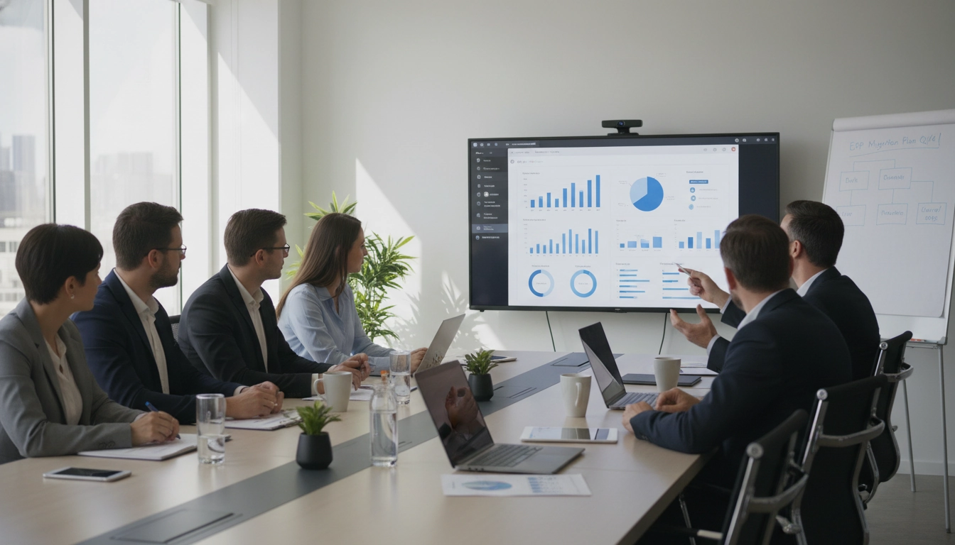 Équipe en réunion de planification pour une migration Odoo comptabilité