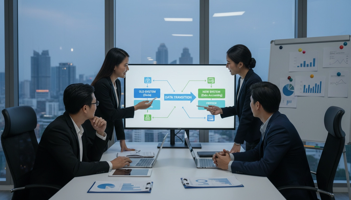 Équipe comptable en train de planifier une migration Odoo comptabilité sur tableau blanc