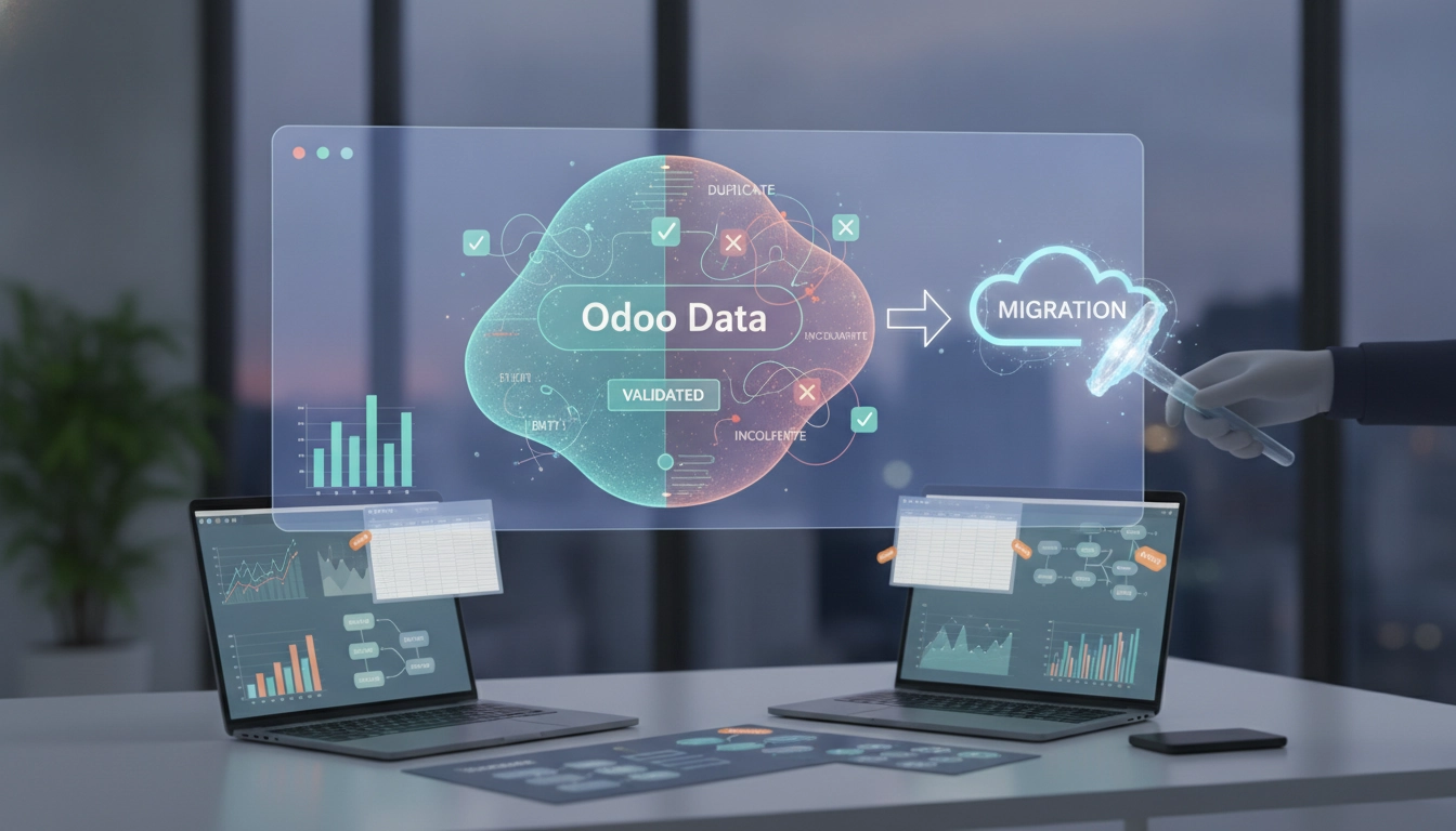 Expert travaillant sur le nettoyage validation données Odoo avant migration pour une entreprise