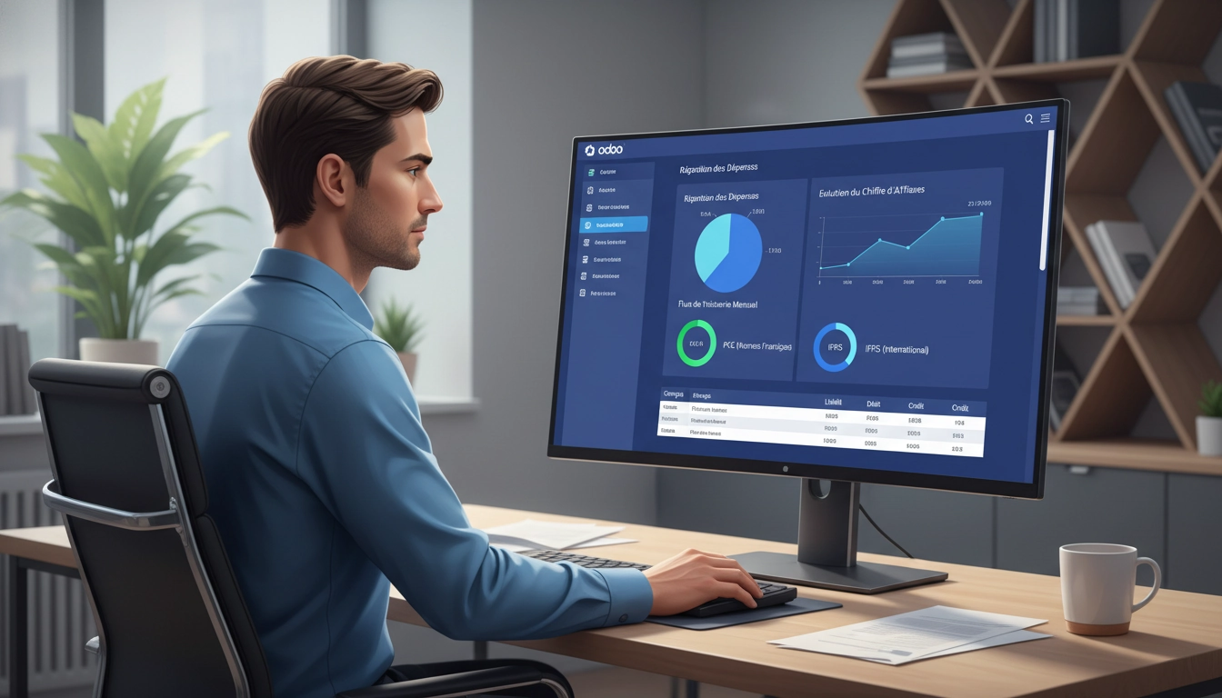Expert-comptable configurant les normes comptables Odoo sur un tableau de bord de conformité financière