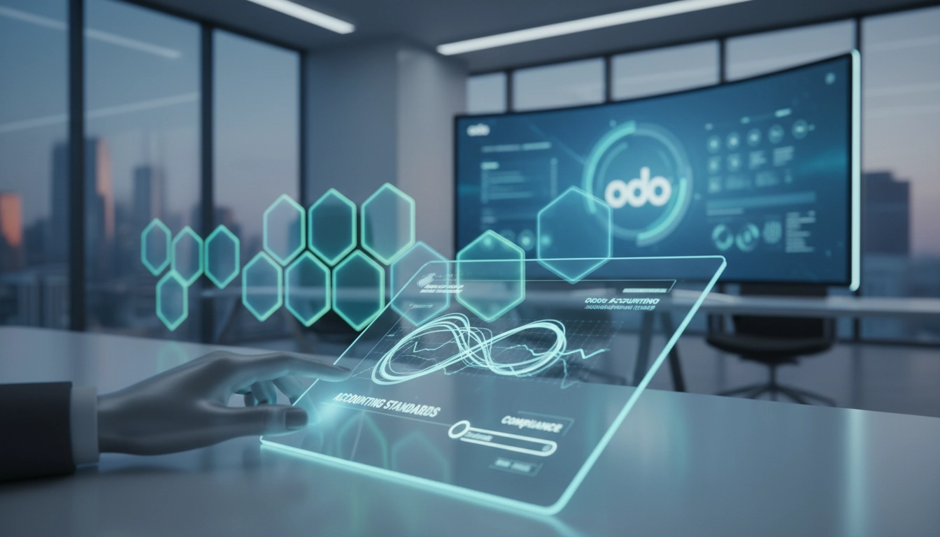 Interface de gestion des normes comptables Odoo avec tableau de bord financier et indicateurs de conformité