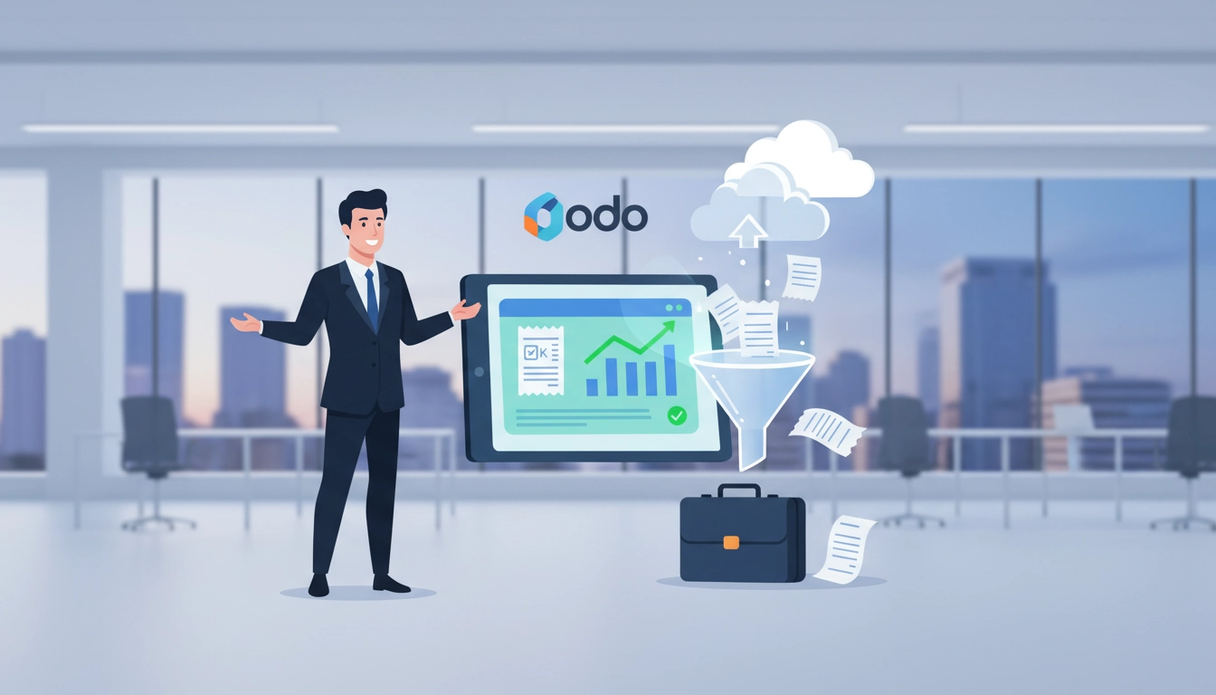 Directeur financier analysant le tableau de bord des notes de frais Odoo sur son ordinateur portable en entreprise