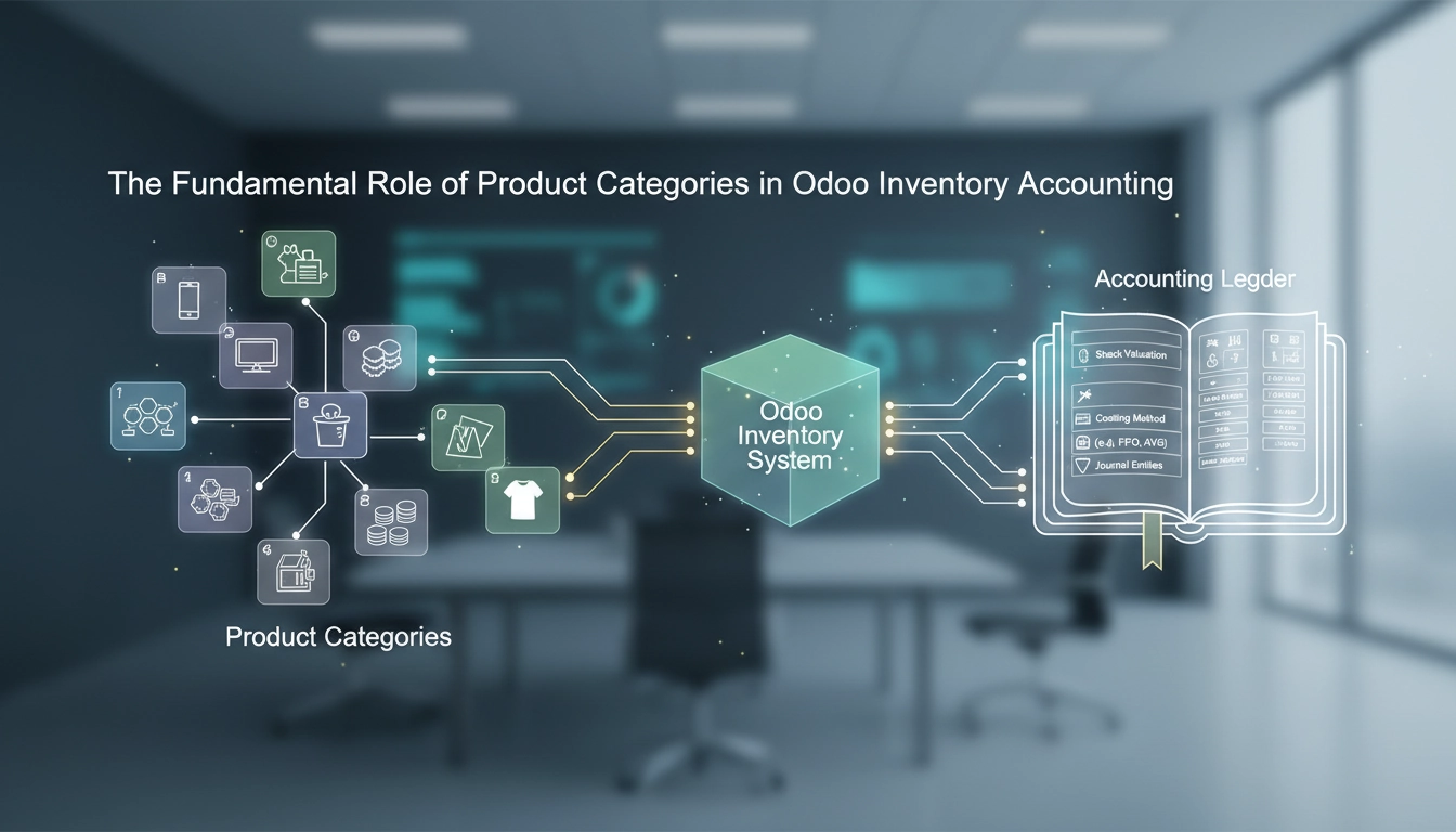 Interface de gestion Odoo catégories produits configuration comptabilité stocks pour entreprise.