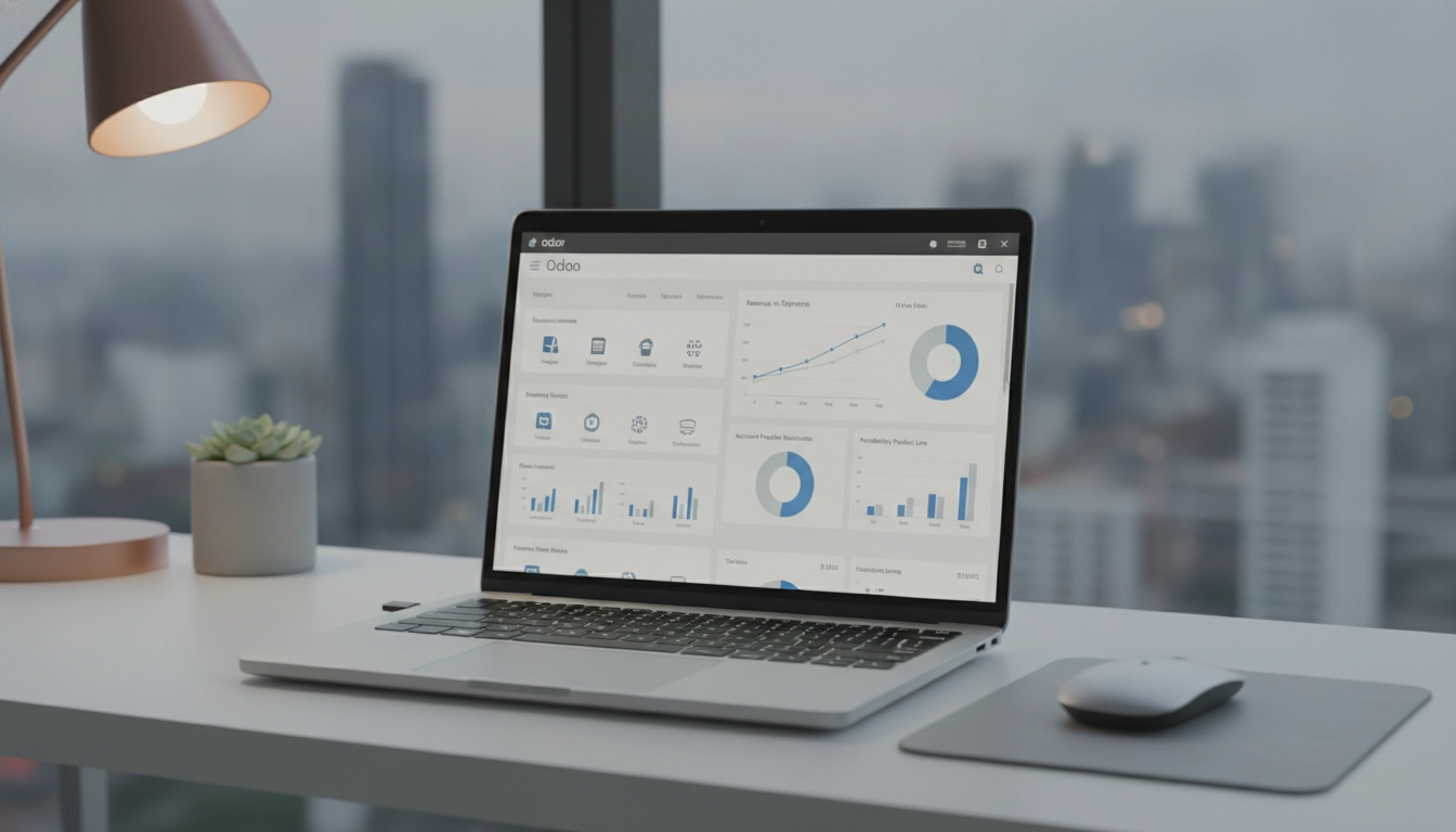 Interface de Odoo gestion multi-sites impact comptabilité stocks sur un écran d'ordinateur