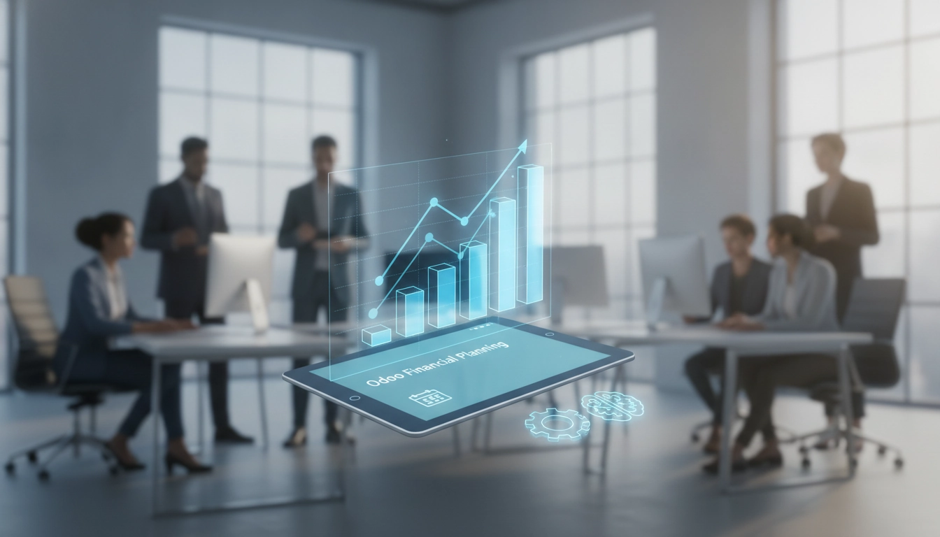 Tableau de bord financier montrant l'interface pour utiliser Odoo pour la planification de scénarios des prévisions financières.