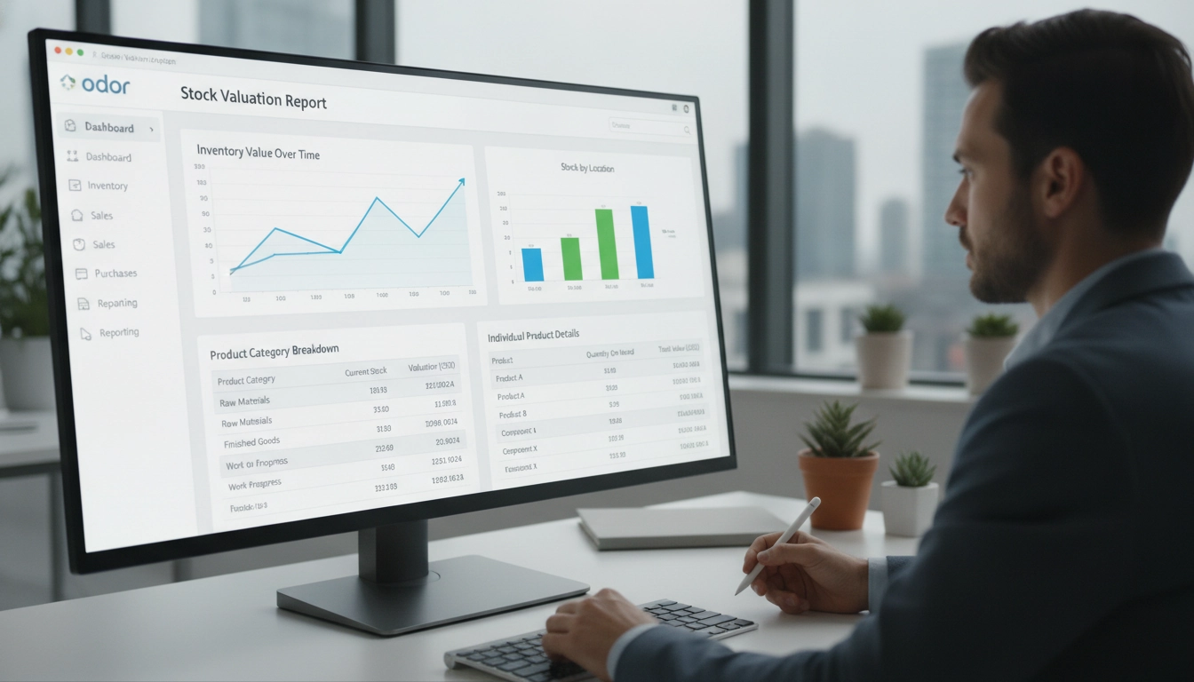 Tableau de bord affichant le Odoo rapport valorisation stocks comptabilité