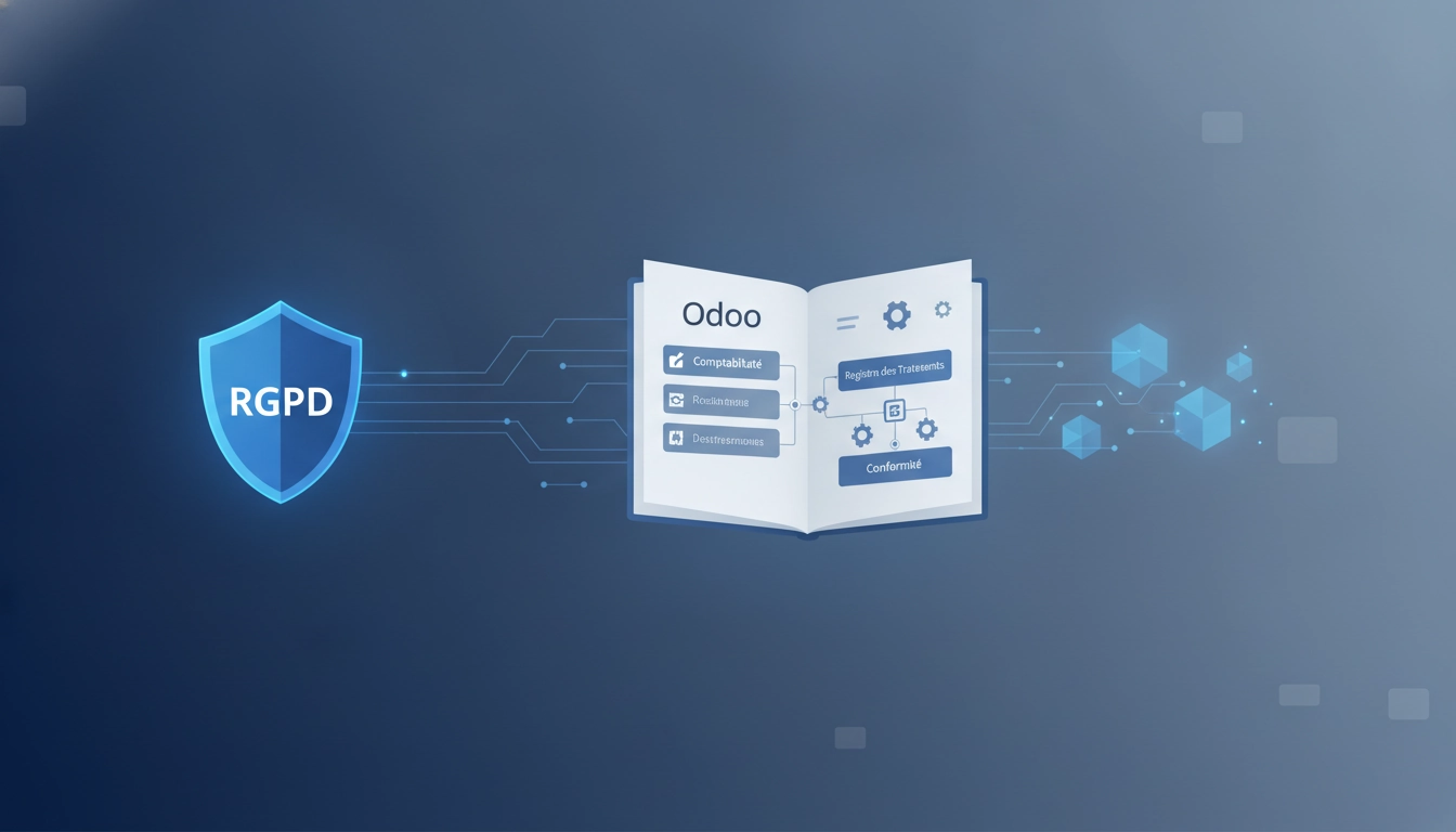 Tableau de bord Odoo affichant la conformité et le registre des traitements comptables RGPD