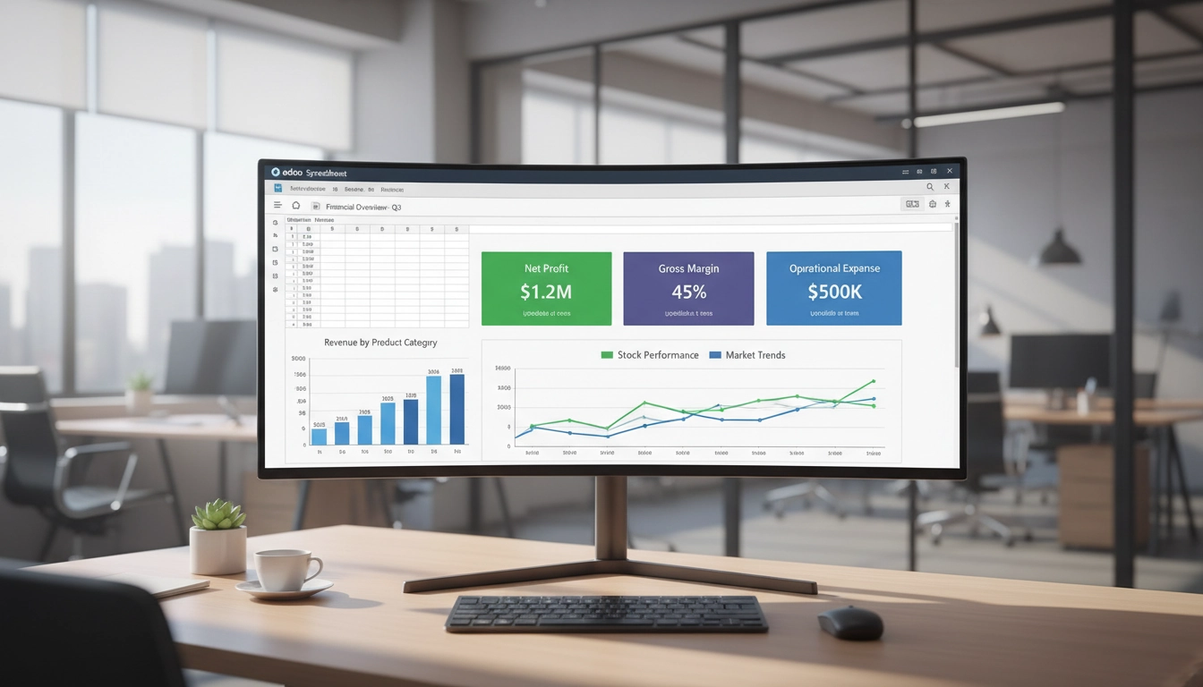Tableau de bord financier créé avec Odoo Spreadsheet affiché sur un écran d'ordinateur professionnel