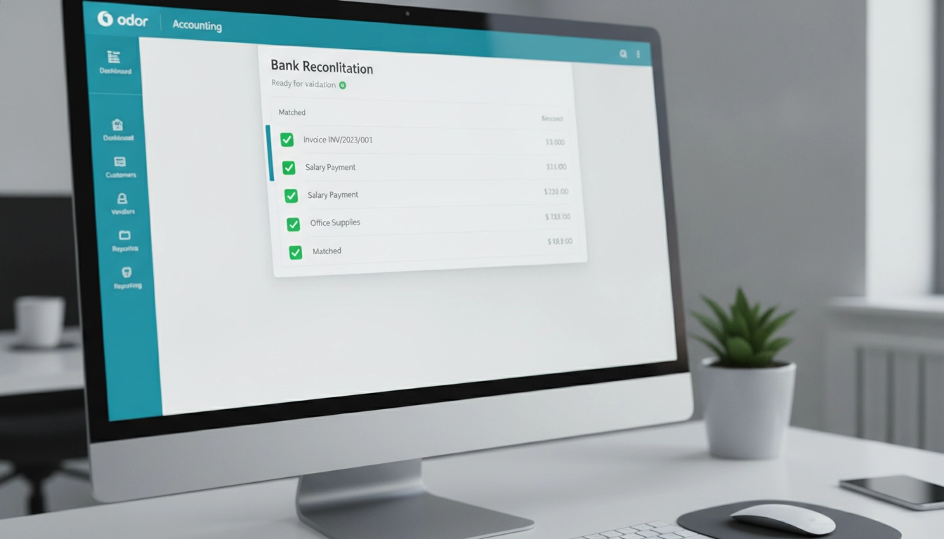 Interface Odoo montrant le succès de l'optimisation rapprochement bancaire odoo ventes.