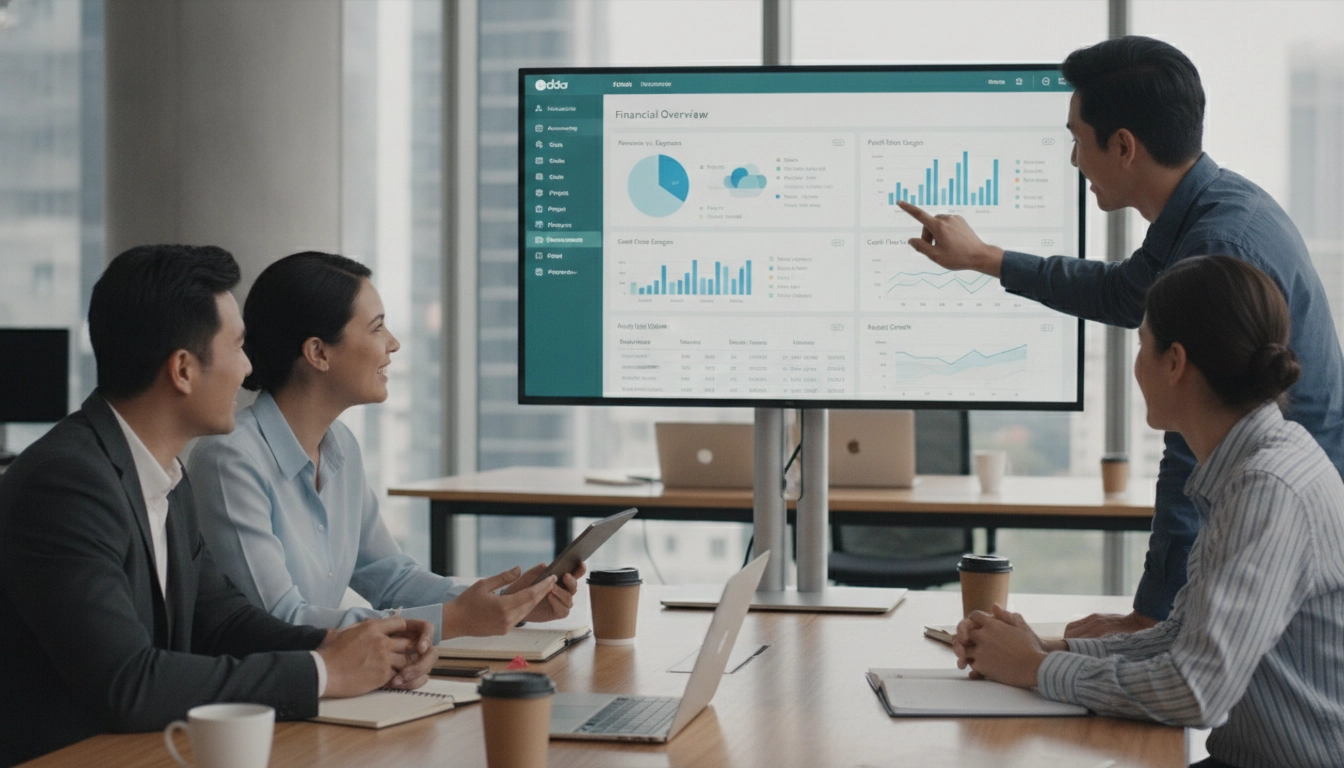 Équipe en réunion travaillant sur les budgets analytiques Odoo pour le contrôle financier