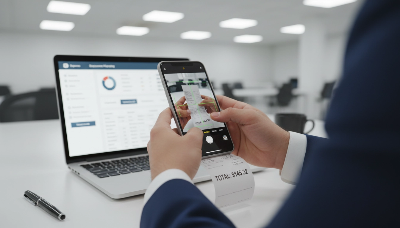 Collaborateur soumettant une note de frais via l'application mobile Odoo pour automatiser le remboursement