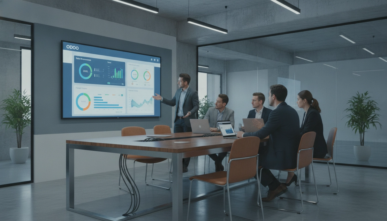 Équipe analysant les outils et techniques audit post-implémentation Odoo sur un tableau de bord.
