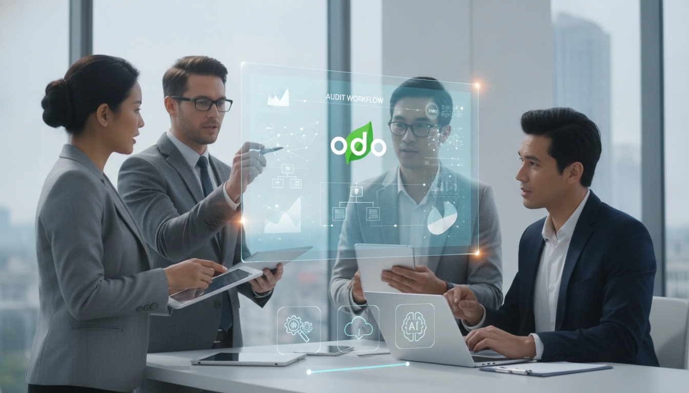 Professionnels utilisant des outils et techniques audit post-implémentation Odoo sur des écrans de contrôle.