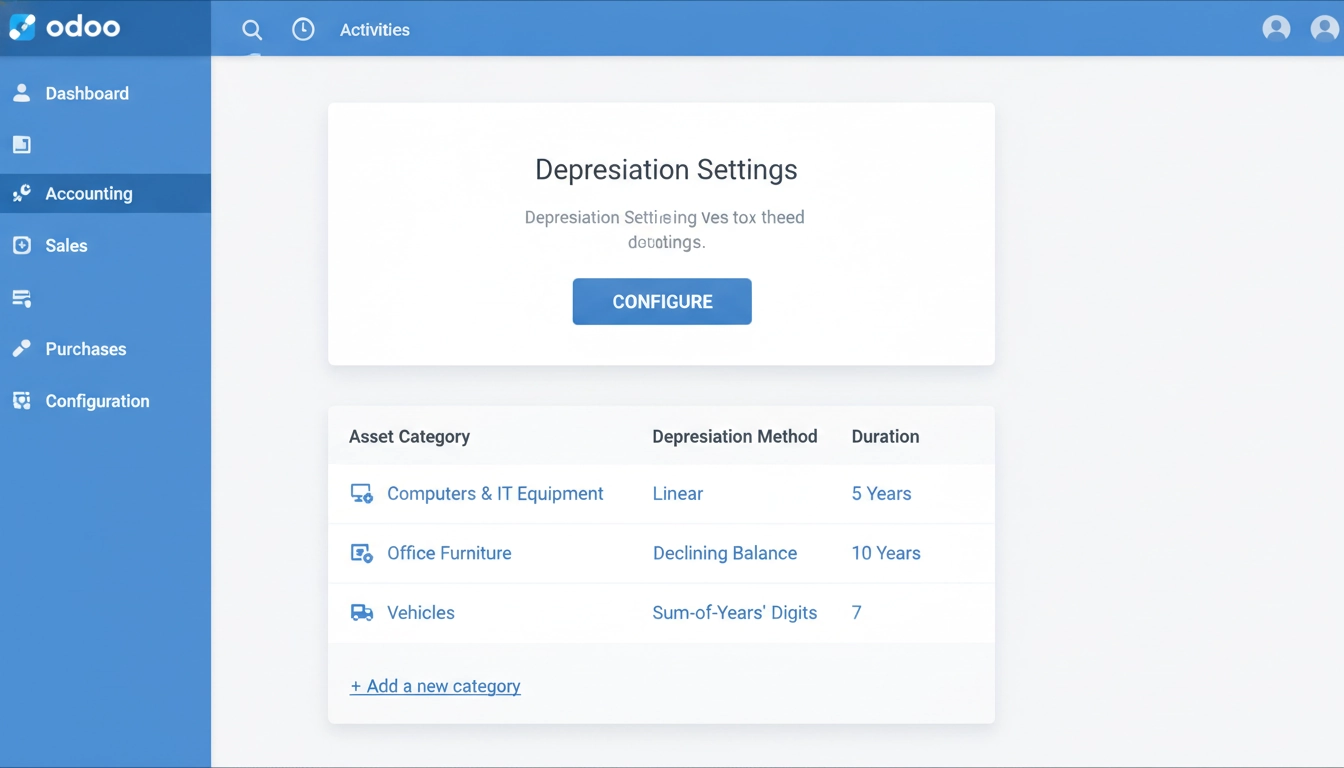 Capture d'écran du paramétrage amortissement dégressif odoo dans le menu comptable
