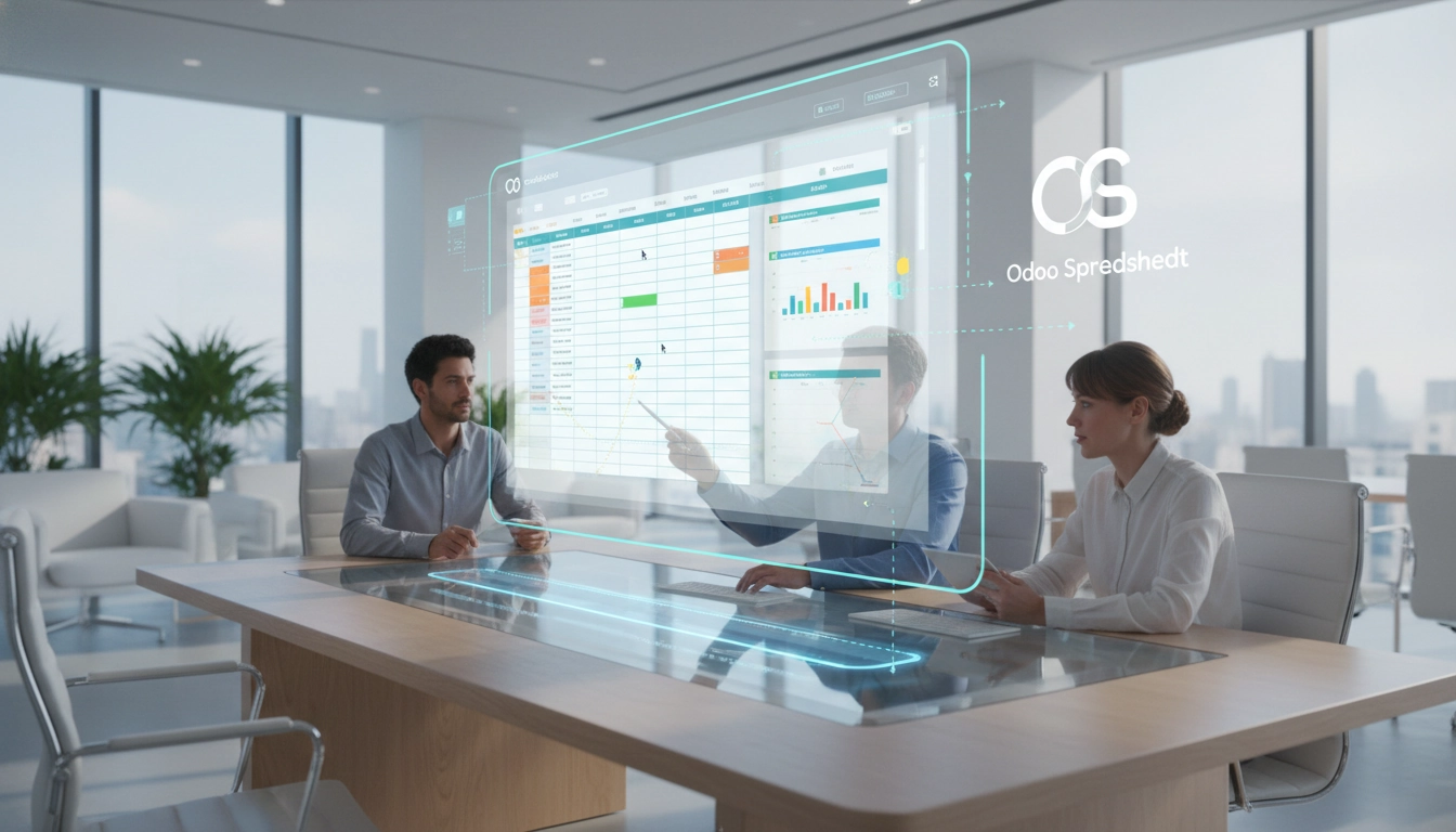 Une équipe de professionnels utilise Odoo Spreadsheet pour partager collaborer odoo spreadsheet sur un projet financier complexe.
