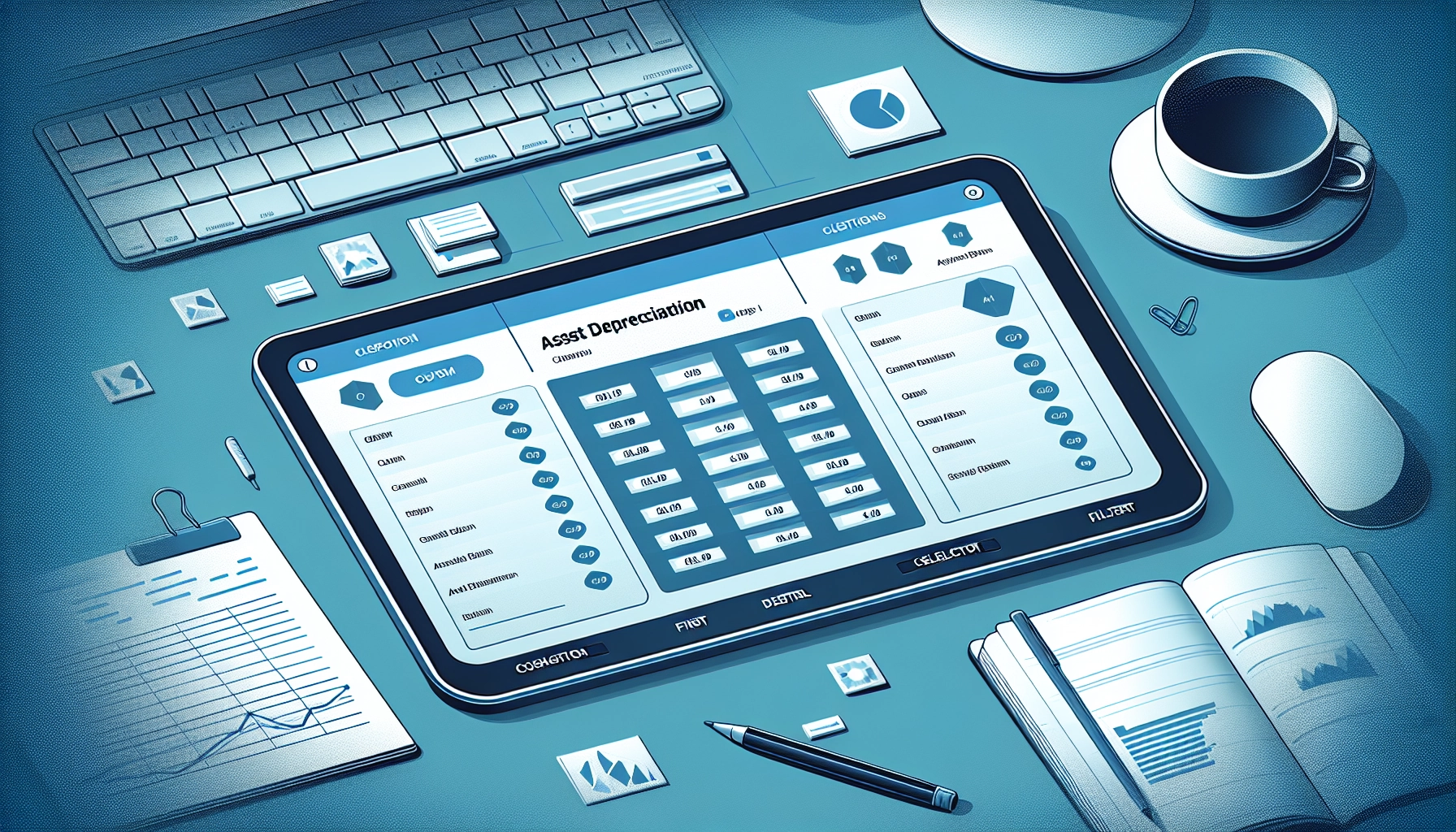 Capture d'écran illustrant la personnalisation des rapports d'amortissement Odoo avec filtres et regroupements actifs