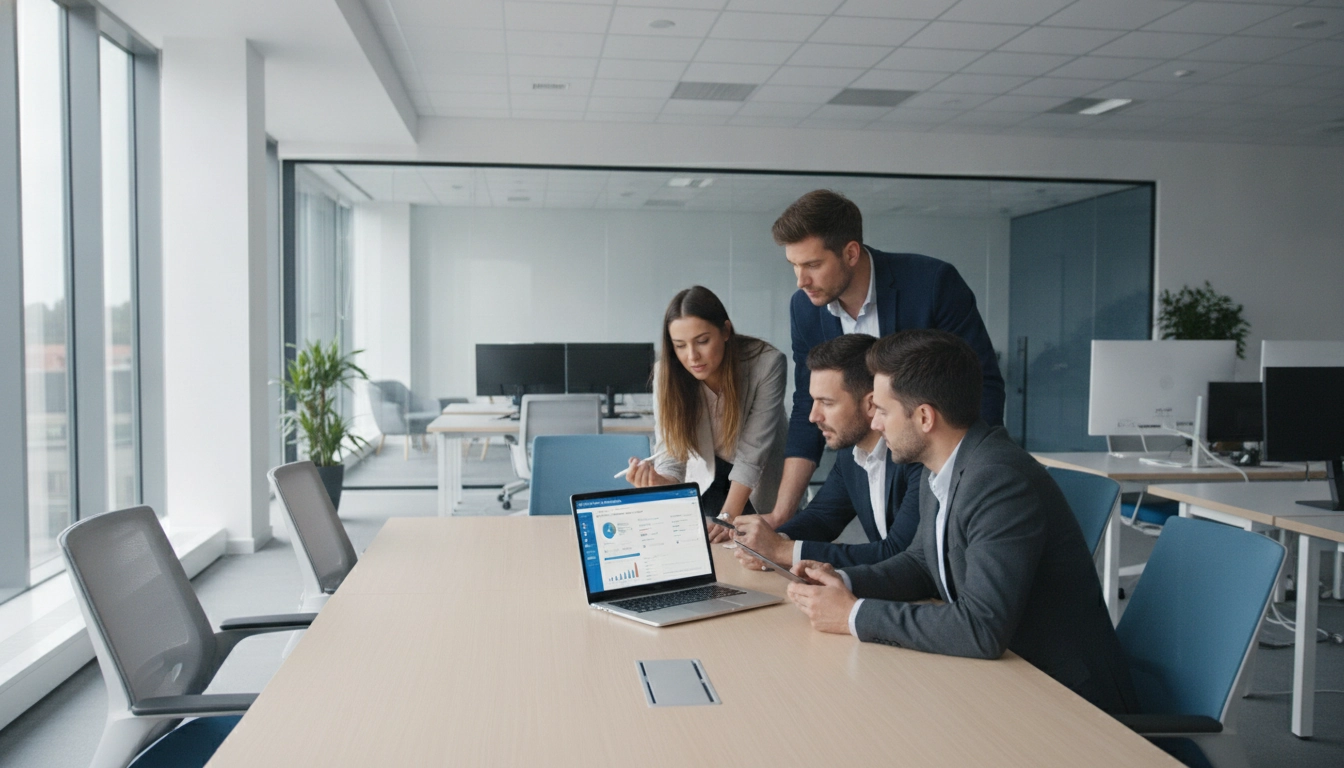 Équipe en train de personnaliser contenu formation Odoo comptabilité dans un bureau moderne.