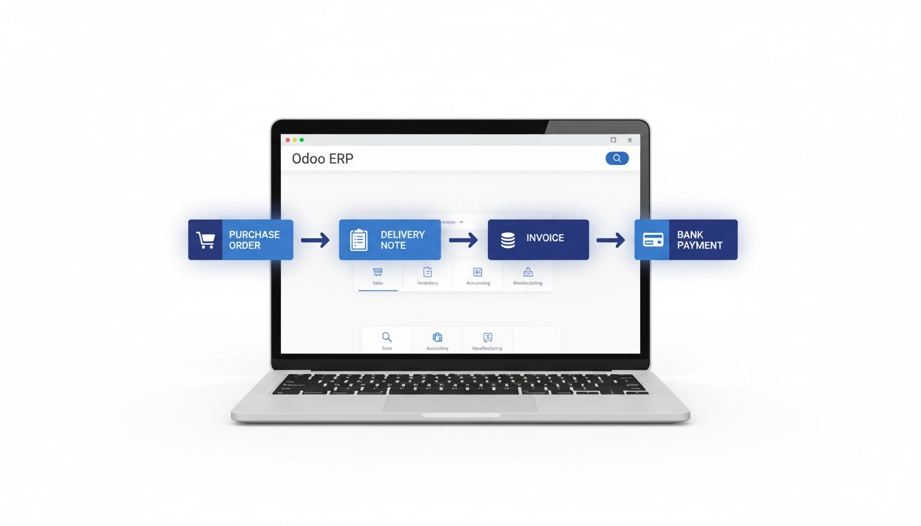 Chaîne documentaire de la piste d'audit fiable Odoo reliant bon de commande, facture et écriture comptable