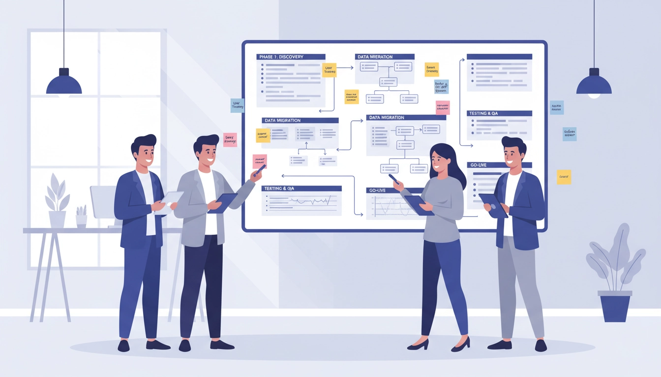 Équipe projet en atelier de planification migration Odoo autour d'un tableau de bord structuré