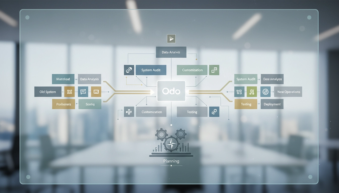Illustration représentant la planification migration Odoo avec des étapes structurées et une équipe projet collaborative