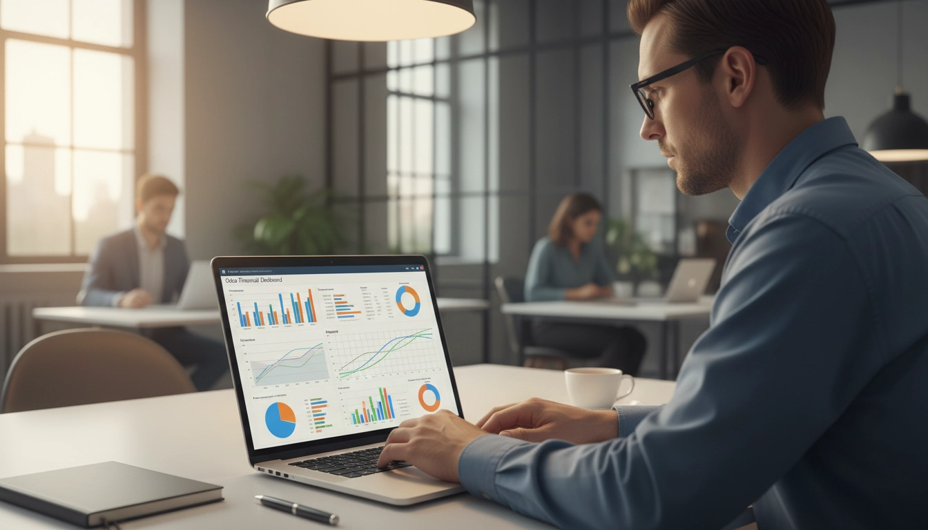 Analyste financier utilisant le tableau de bord de prévisions financières Odoo sur un ordinateur portable