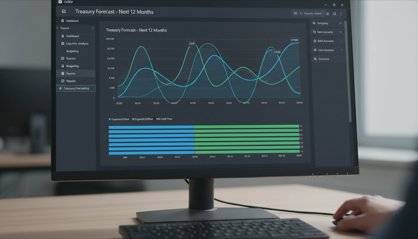 Interface Odoo de prévision de trésorerie avec courbes de flux financiers en temps réel