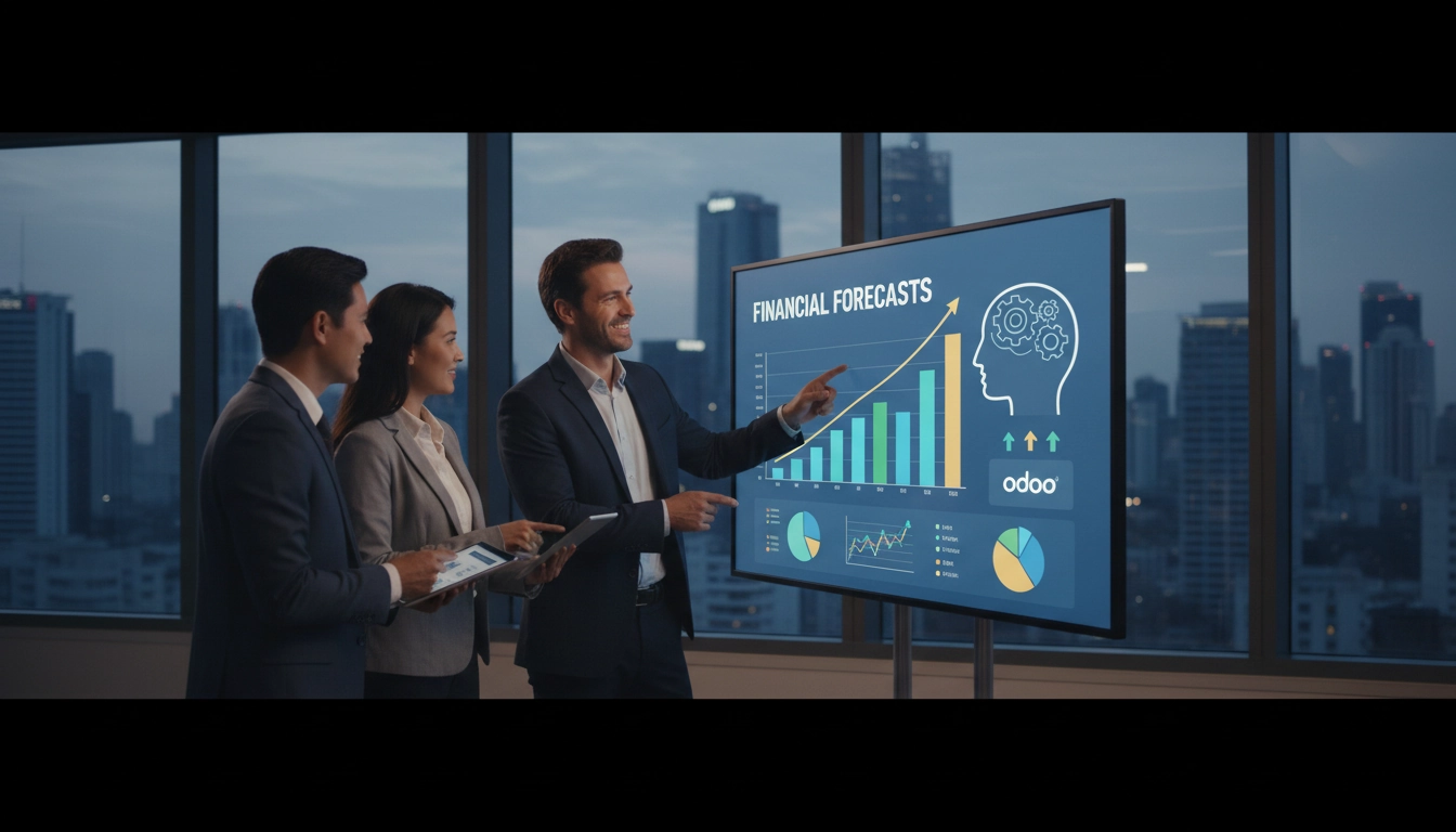 Tableau de bord de prévisions financières Odoo affiché sur un écran d'ordinateur dans un bureau moderne