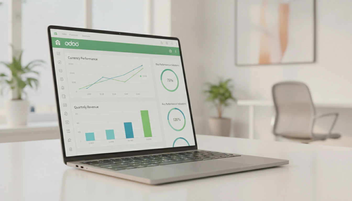 Interface Odoo montrant des rapports financiers multi-devises Odoo analyse performance