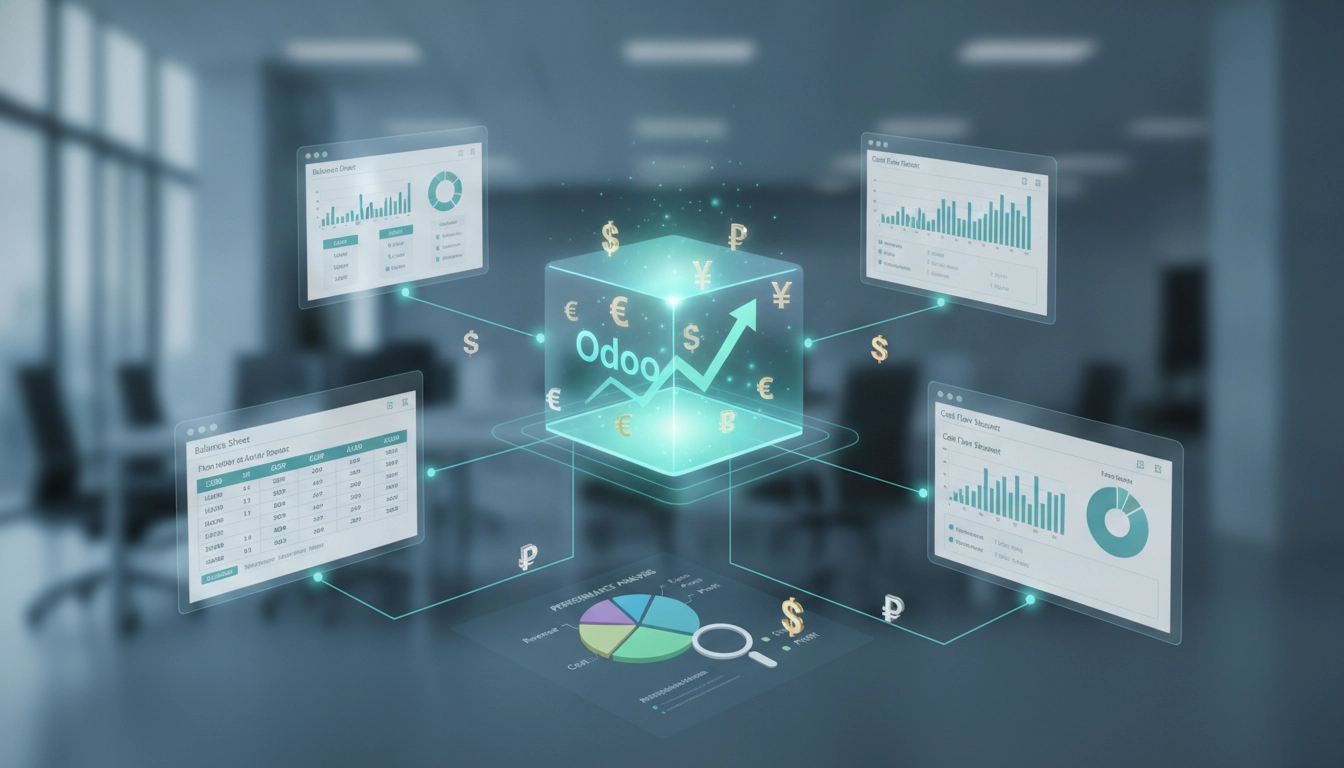 Tableau de bord affichant des rapports financiers multi-devises Odoo analyse performance