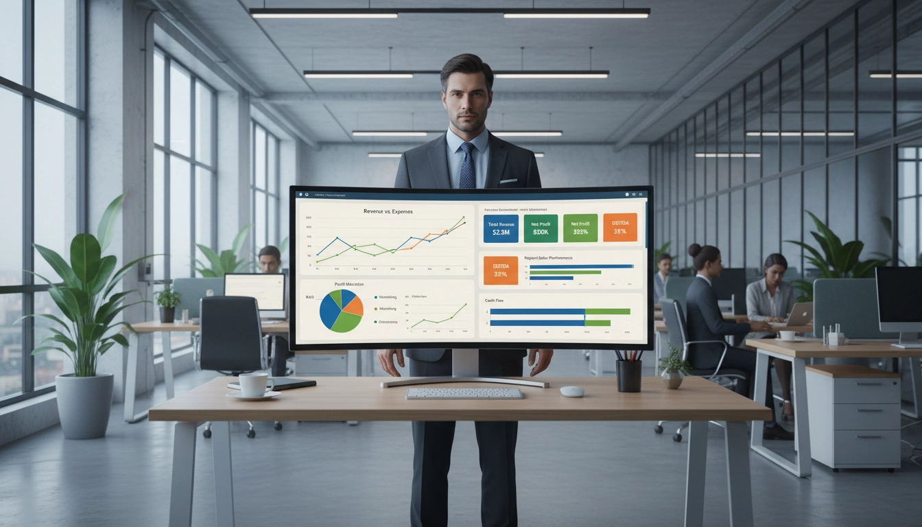 Tableau de bord avec rapports financiers personnalisés Odoo affiché sur grand écran dans un bureau professionnel
