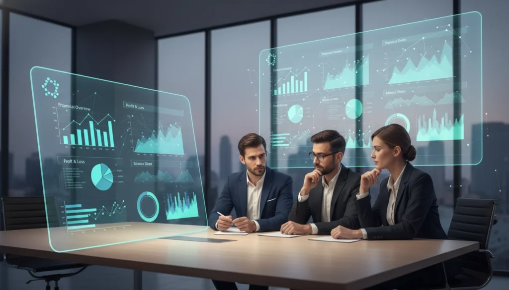 Tableau de bord des rapports financiers personnalisés Odoo sur écran d'ordinateur dans un bureau moderne