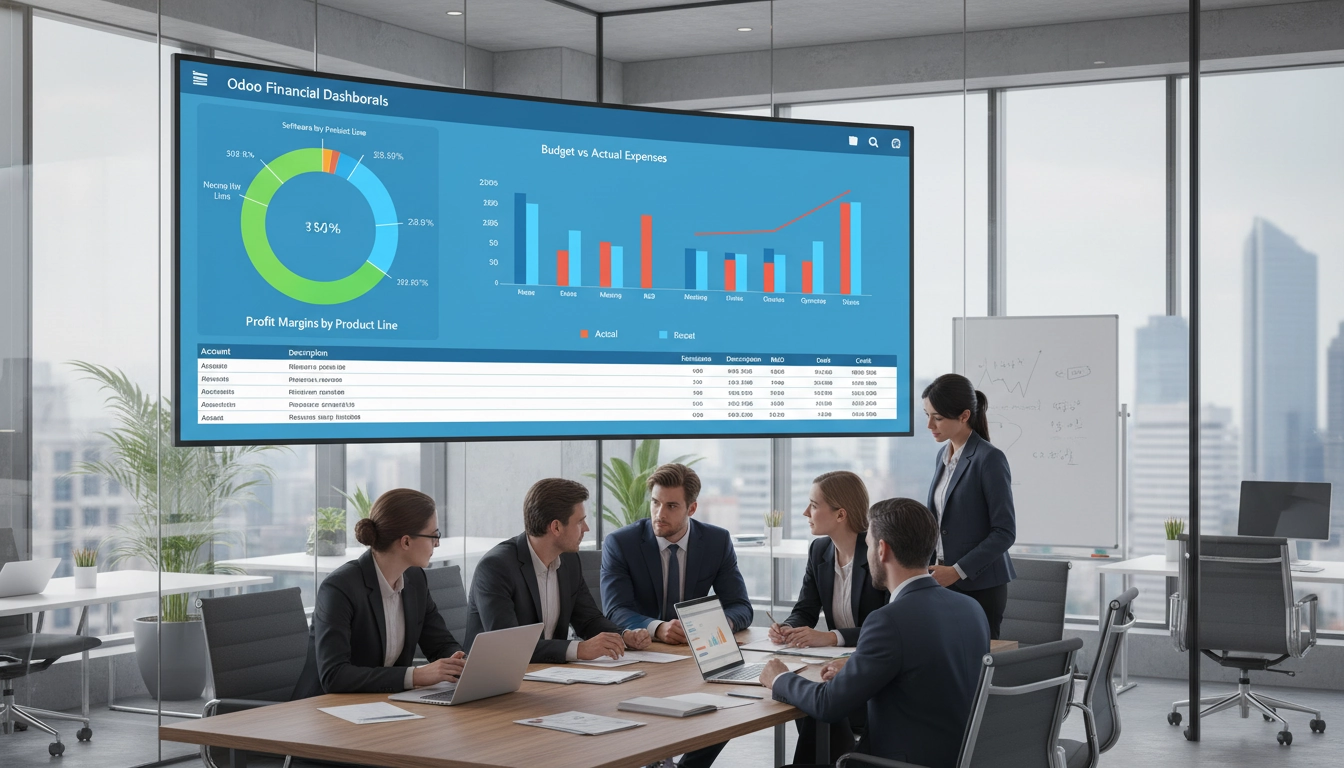 Équipe financière consultant des rapports personnalisés Odoo sur un tableau de bord moderne