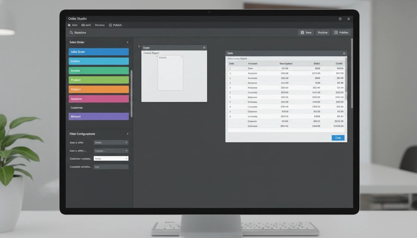 Interface Odoo Studio utilisée pour créer des rapports personnalisés Odoo avec personnalisation avancée