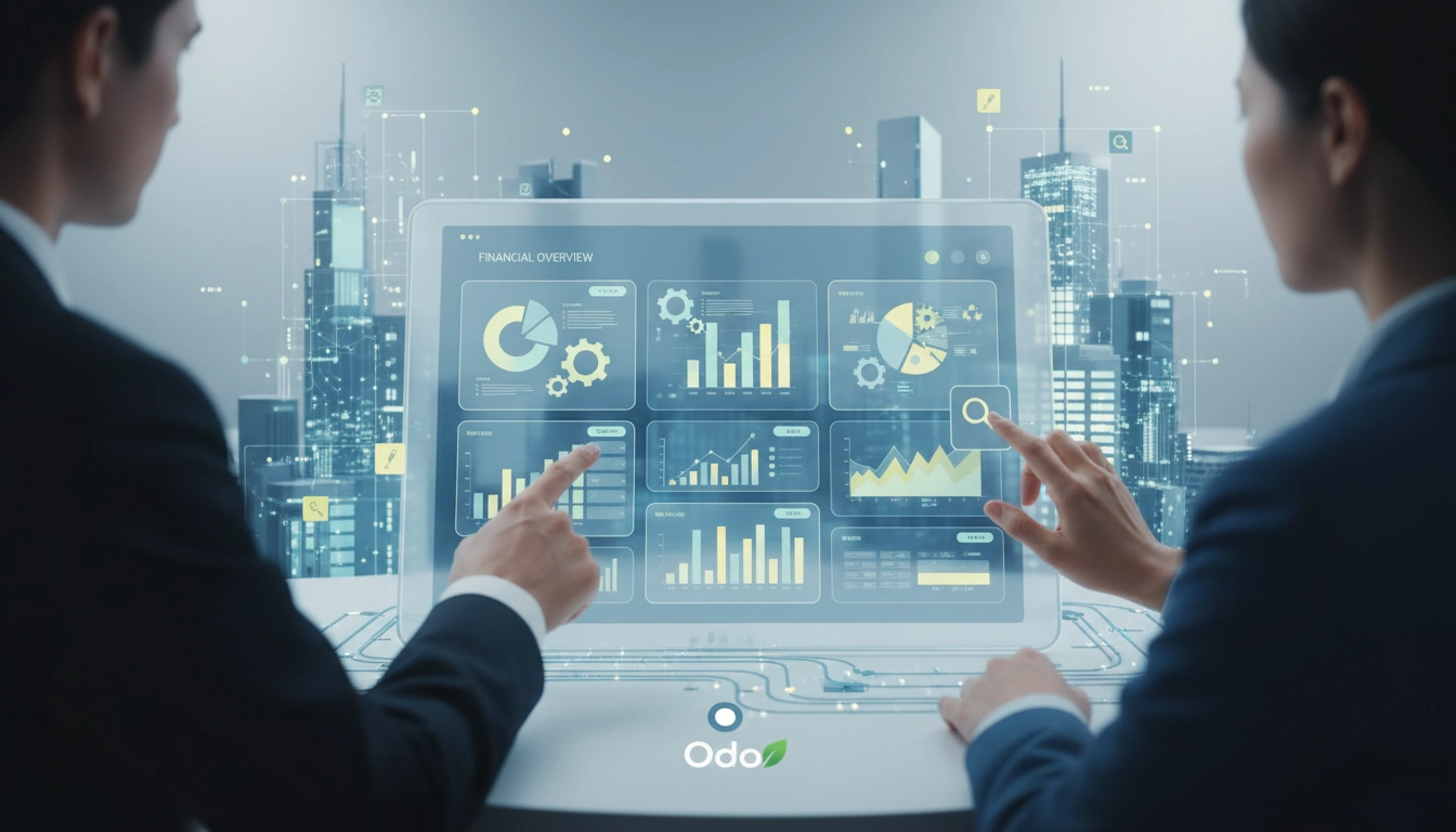 Interface Odoo affichant des rapports personnalisés Odoo pour l'analyse financière