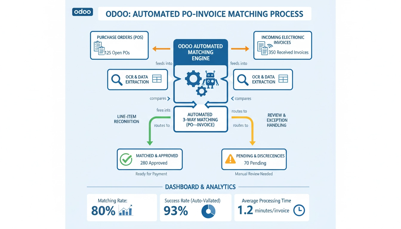 Interface Odoo montrant le rapprochement commandes factures électroniques avec indicateurs de succès automatique