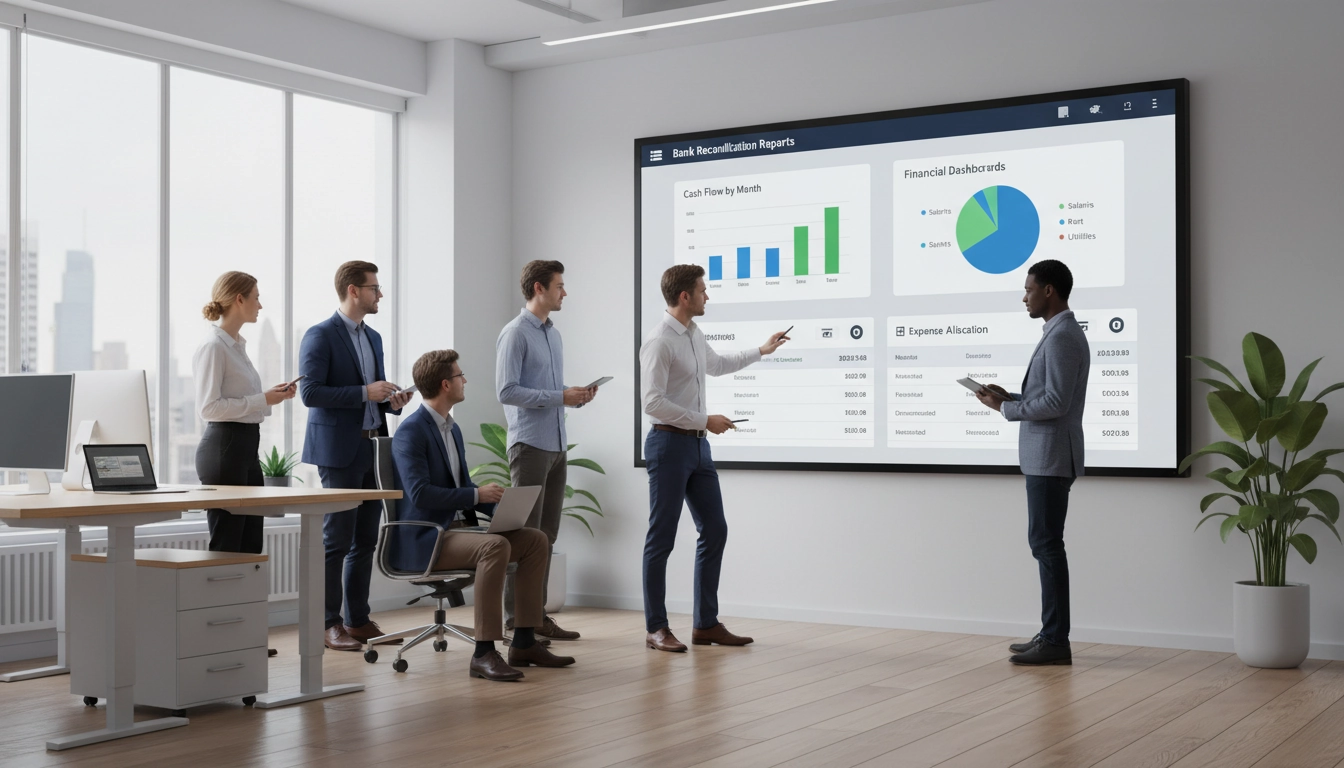 Équipe comptable analysant les rapports de réconciliation bancaire Odoo pour la clôture annuelle