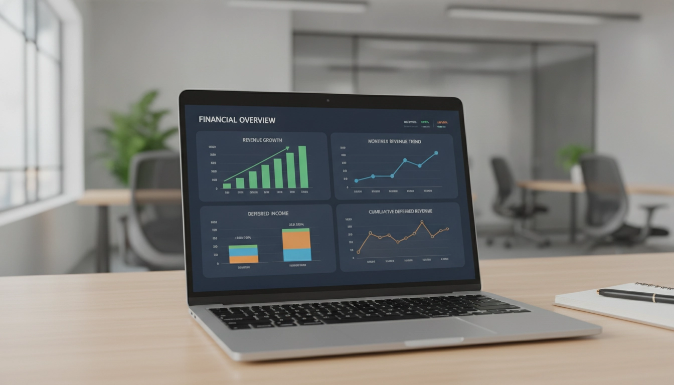 Analyse de la reconnaissance revenus Odoo IFRS 15 sur un tableau de bord financier moderne.