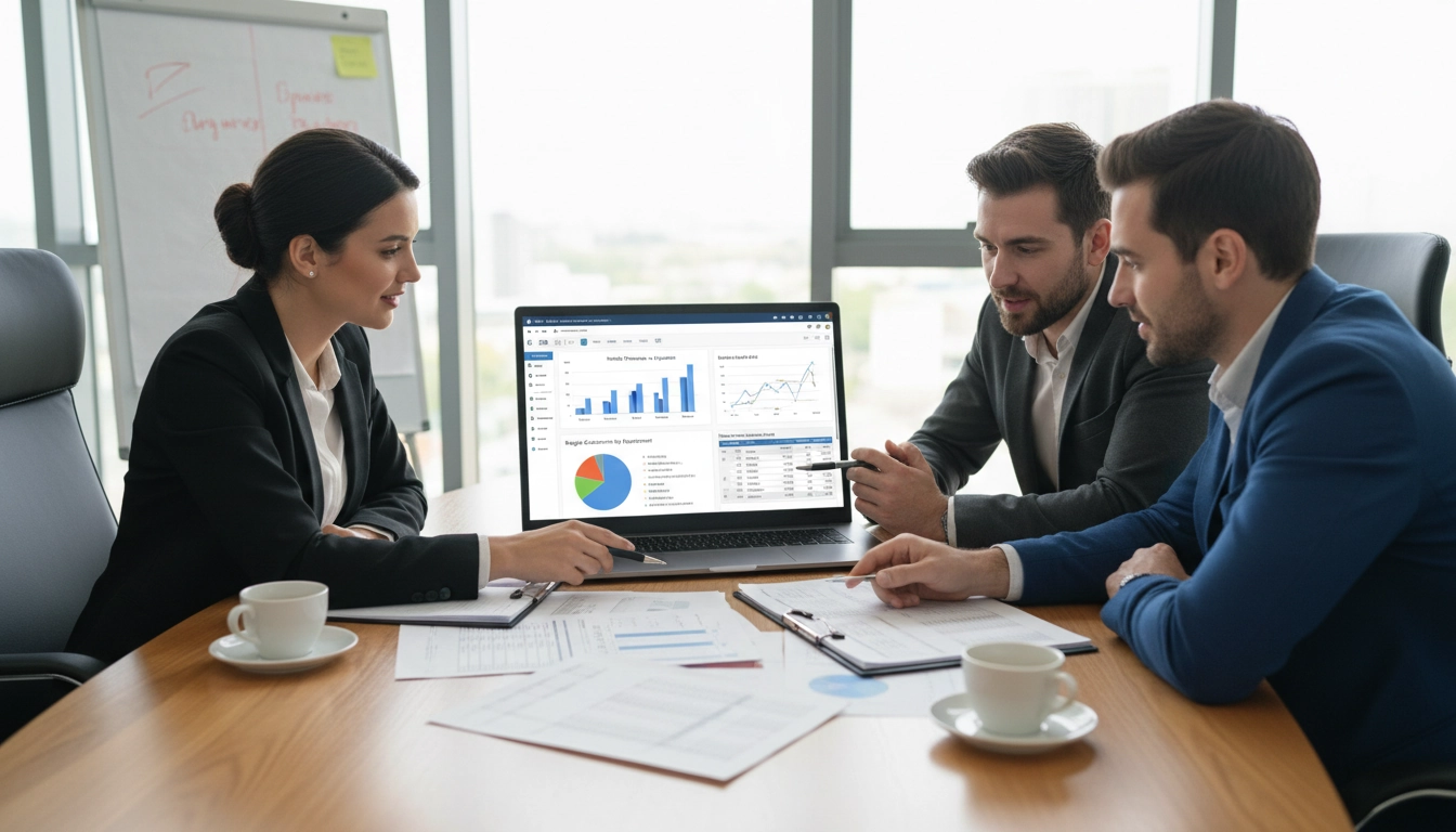 Équipe financière analysant des rapports personnalisés générés par le reporting financier Odoo