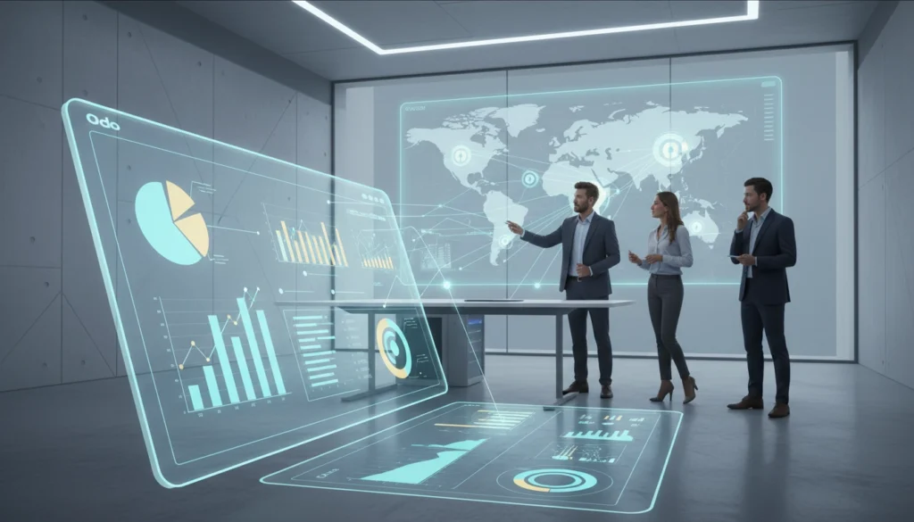 Interface du reporting financier Odoo avec tableaux de bord et graphiques financiers en temps réel