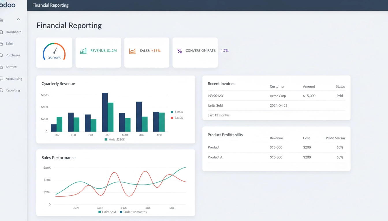 Tableau de bord de reporting financier ventes Odoo comptabilité avec indicateurs en temps réel et graphiques de performance