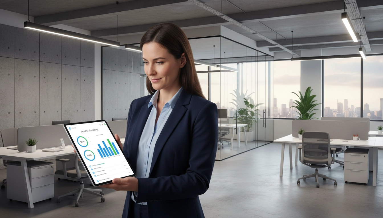 Gestionnaire utilisant Odoo pour assurer le respect politique notes frais Odoo dans un bureau moderne.