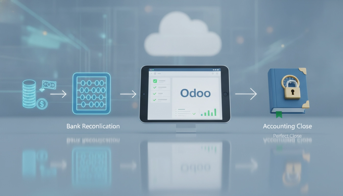 Un expert comptable utilisant Odoo pour réussir rapprochement bancaire clôture comptable Odoo sur un ordinateur portable.