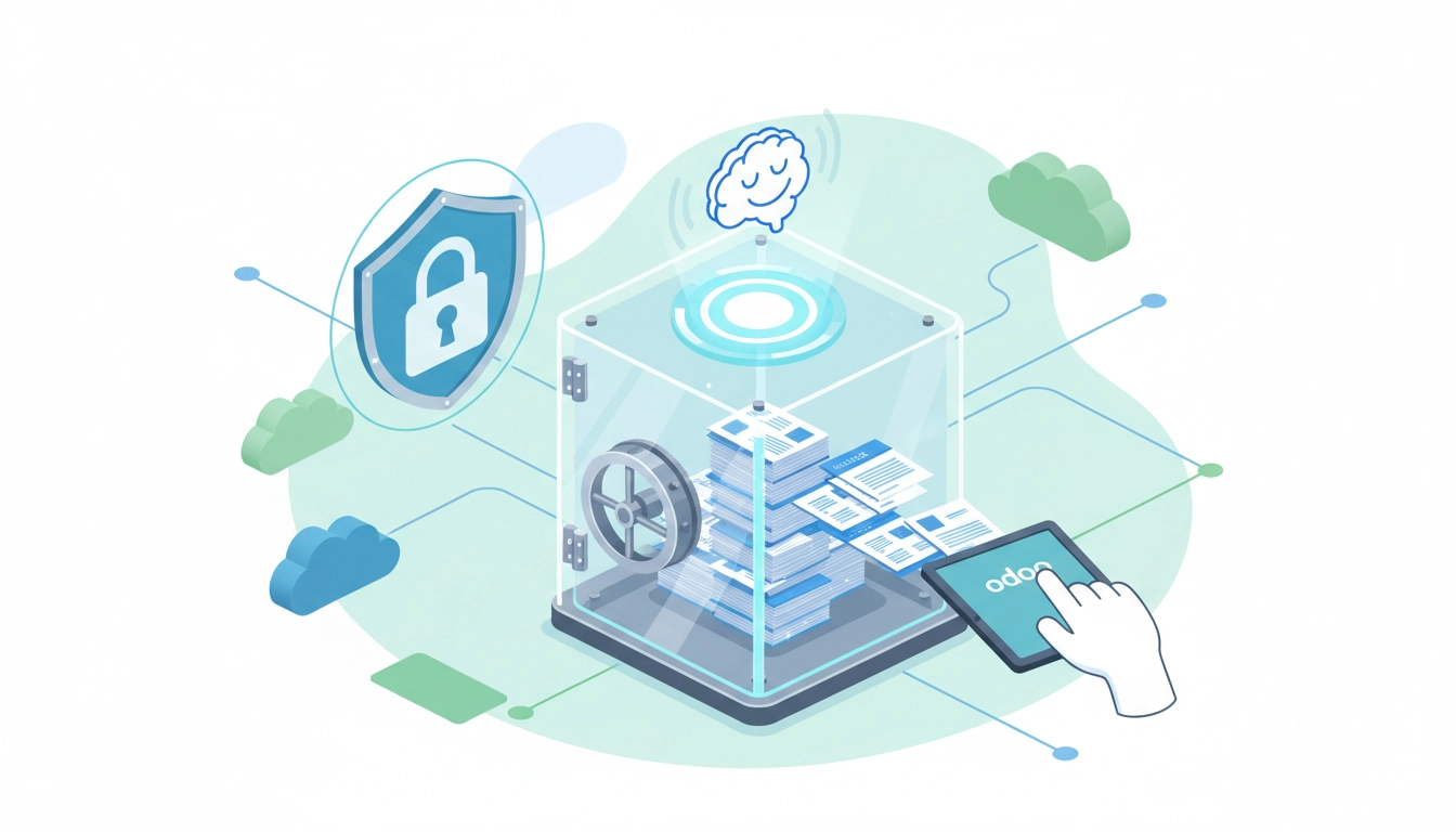 Interface de gestion sécurisée pour sécuriser archivage dématérialisation factures Odoo avec icônes de cadenas et de coffre-fort.