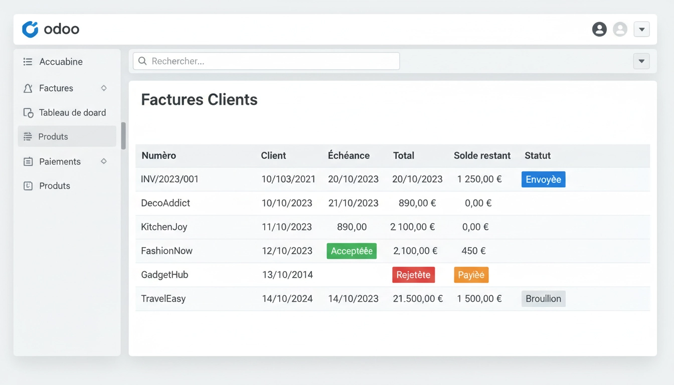 Tableau de bord Odoo illustrant les statuts du cycle de vie de la facturation électronique avec des badges colorés