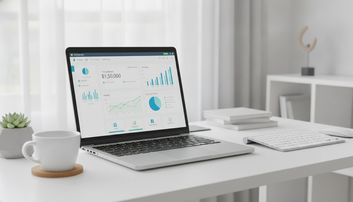 Affichage détaillé d'un tableau de bord financier personnalisé Odoo sur un écran professionnel.
