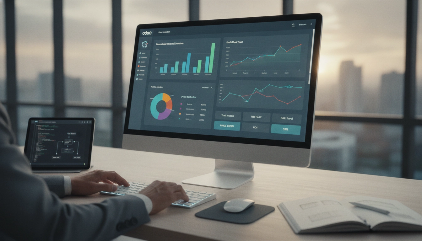 Un professionnel utilisant un tableau de bord financier personnalisé Odoo sur un écran d'ordinateur moderne.