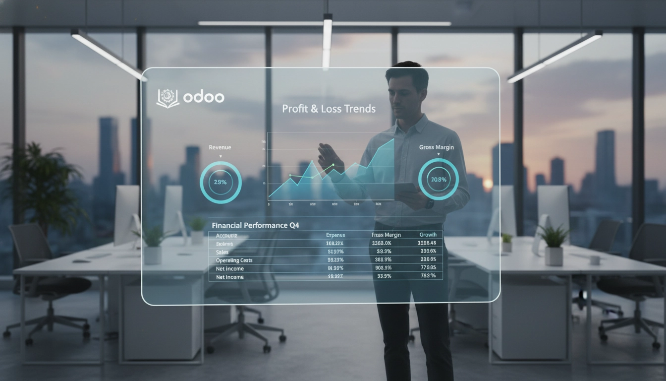 Tableaux de bord Odoo financiers affichant des KPIs en temps réel sur un écran de bureau professionnel